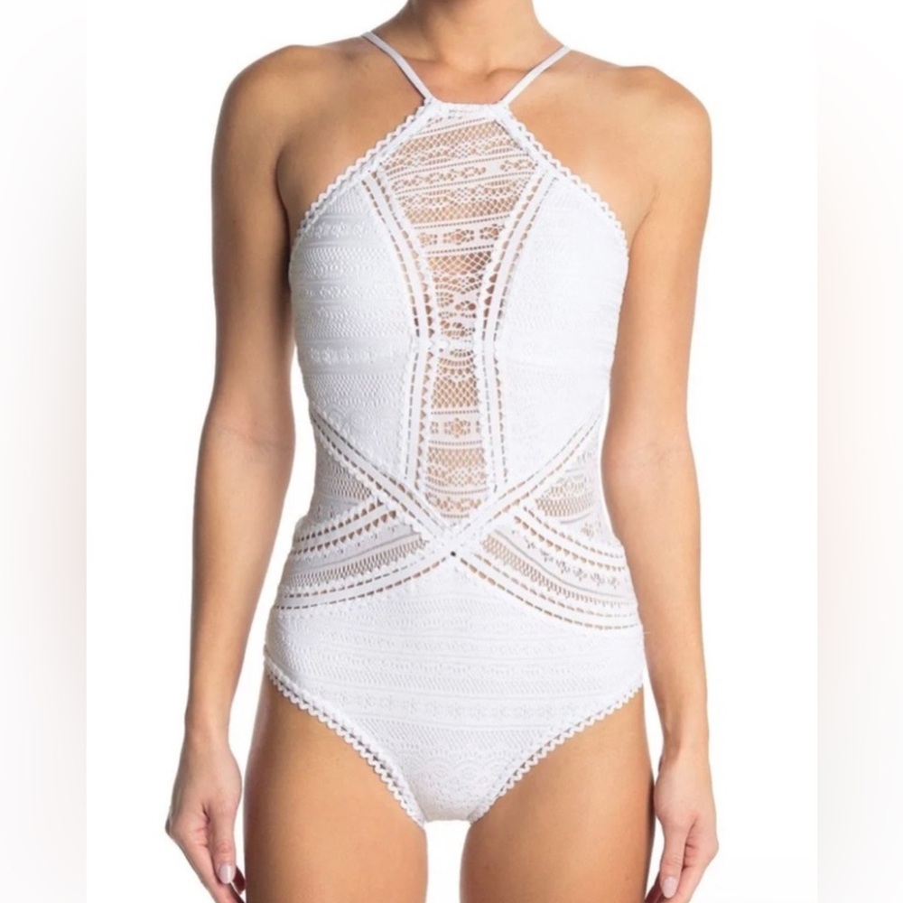 BECCA Elegant White Crocheted Lace One-Piece Swimsuit- Med. NWT